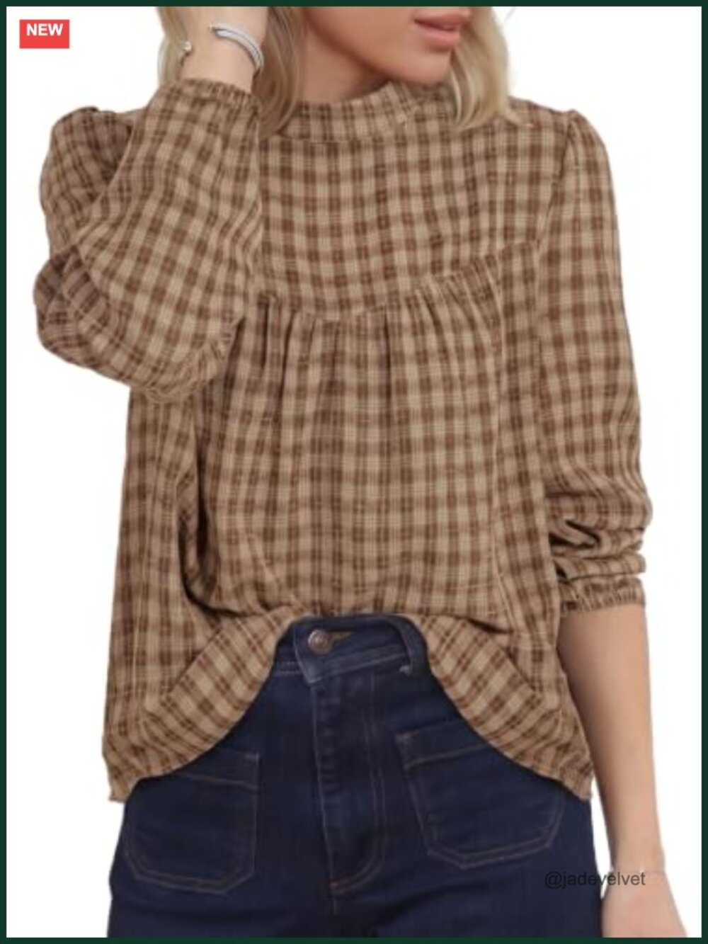 Puff Long Sleeve Flowy Empire Waist Gingham Babydoll Blouse